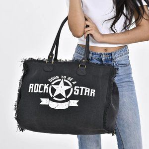 NWT Black/White "BORN TO BE A ROCKSTAR" Extra Large Canvas Tote Bag With Fringe